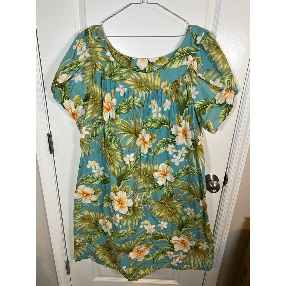Puanani Womens Muumuu Dress Floral Hibiscus Tropical Made in Hawaii Blue 3XL